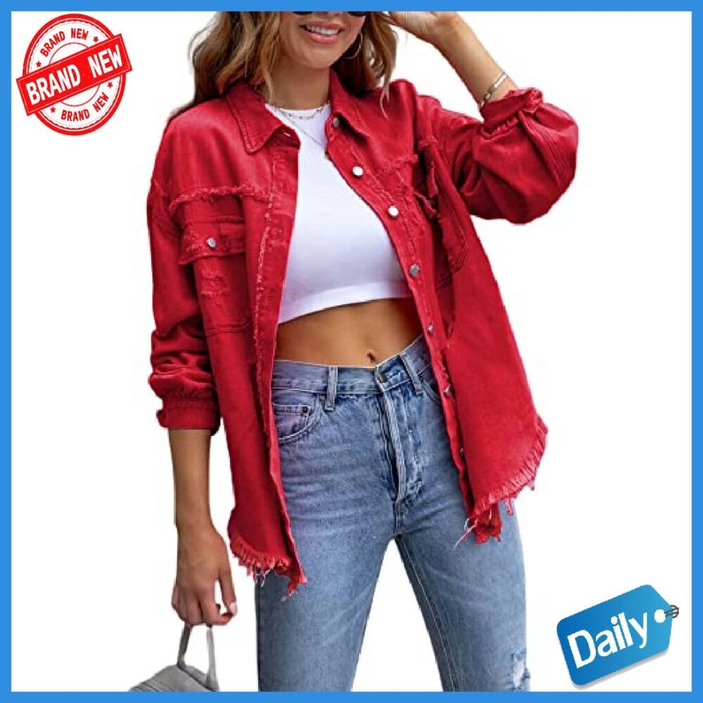 Oversized Ripped Denim Jacket Frayed Hem Button Front Boyfriend Shacket - Picture 2 of 5